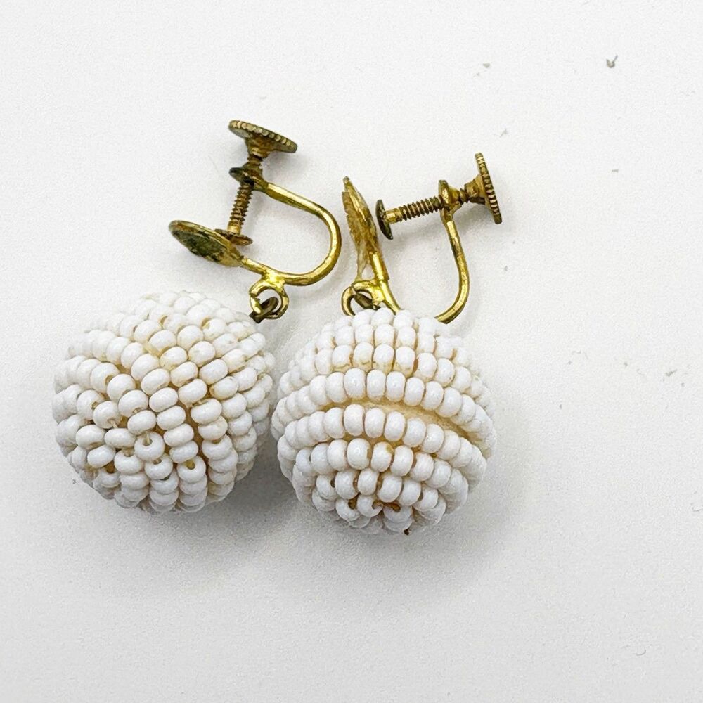 Vintage White Glass Seed Bead Dangle Ball Earrings Gold Tone Screw Back